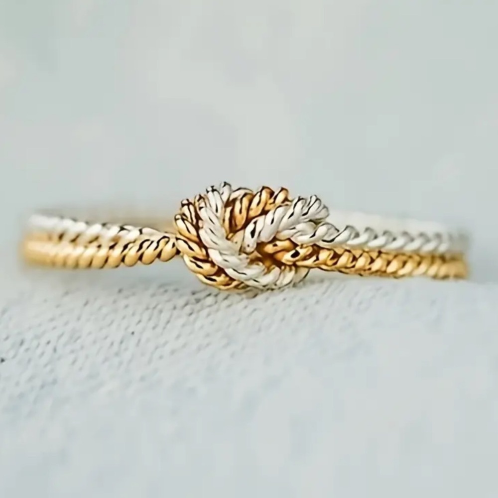 NEW TRENDY S925 SilverTwo-Tone Knot Ring Minimalist Rope Style Promising Band
